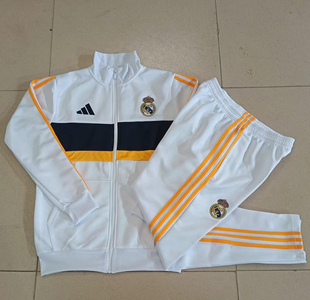 Real Madrid 2026/27 Full-Zip Kids Winter Training Set - White/Navy/Yellow - clean full set view