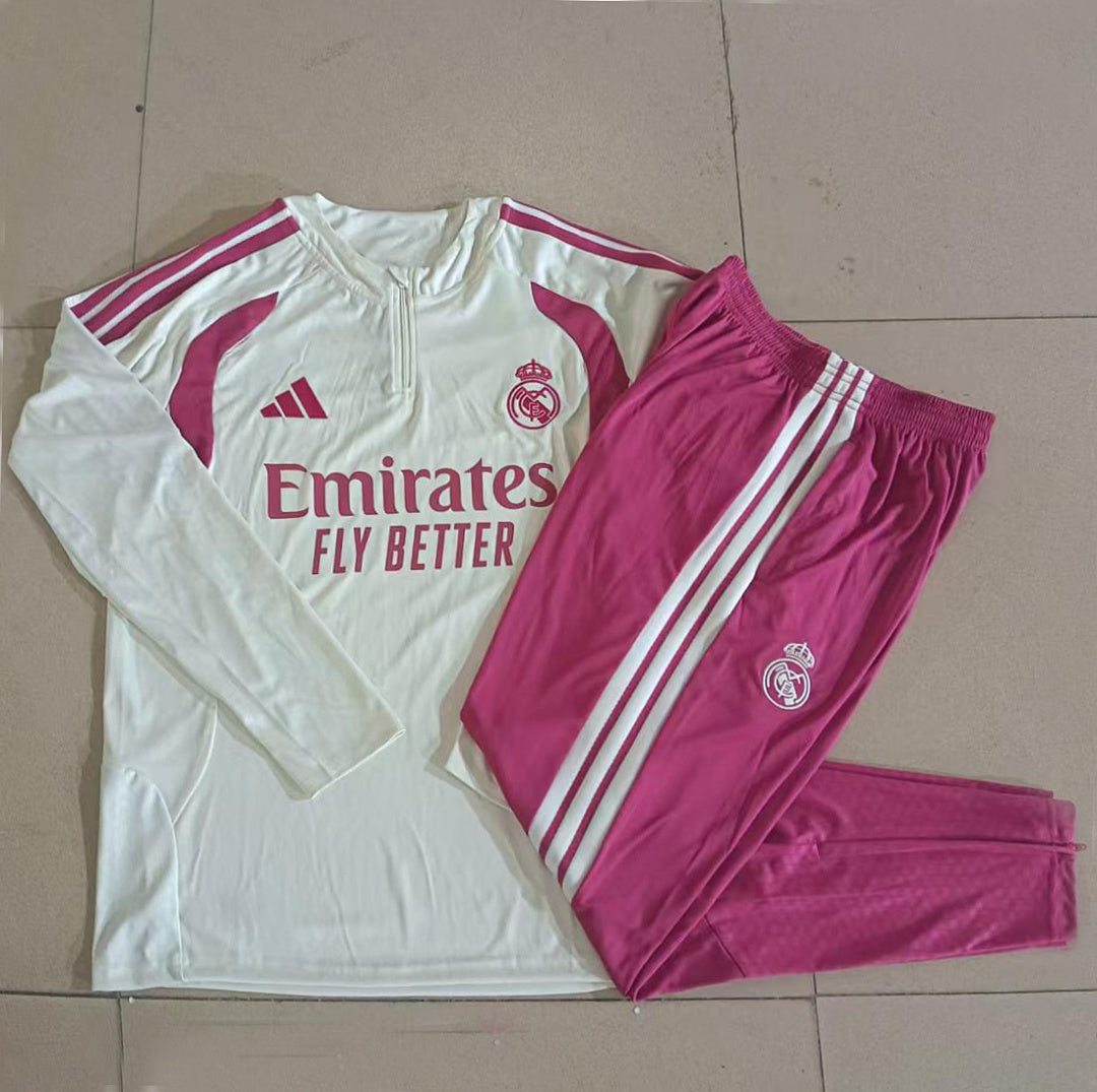 Real Madrid 2026/27 Half-Zip Kids Winter Training Set - Cream/Pink - clean full set view