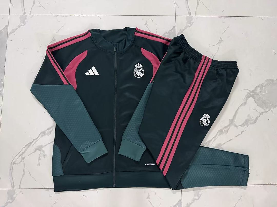 Real Madrid 2026/27 Full-Zip Kids Winter Training Set - Dark Green/Pink - clean full set view