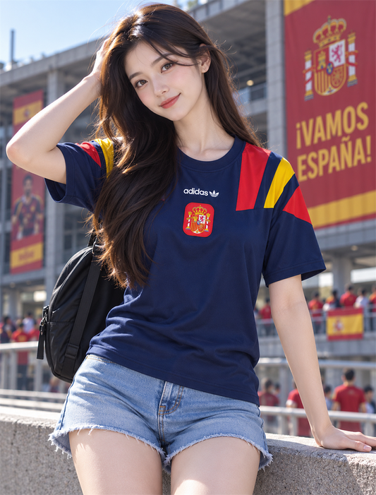 Spain Navy Red Colour Block Oversized T-Shirt - front model view