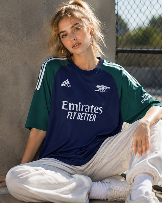 Arsenal Navy Green Colour Block Oversized T-Shirt - front model view
