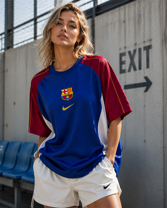 Barcelona Blue Burgundy Colour Block Oversized T-Shirt - front model view