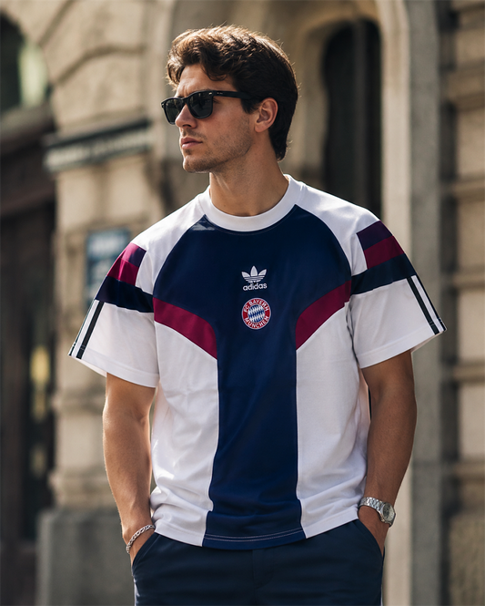 Bayern Munich White Navy Burgundy Colour Block Oversized T-Shirt - front model view