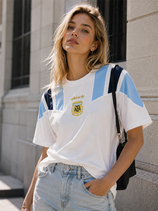 Argentina White Sky Blue Colour Block Oversized T-Shirt - front model view