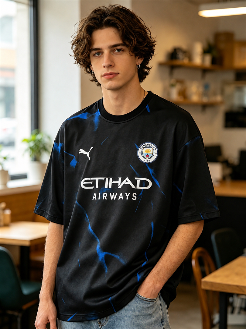 Manchester City Black Blue Graphic Oversized T-Shirt - front model view