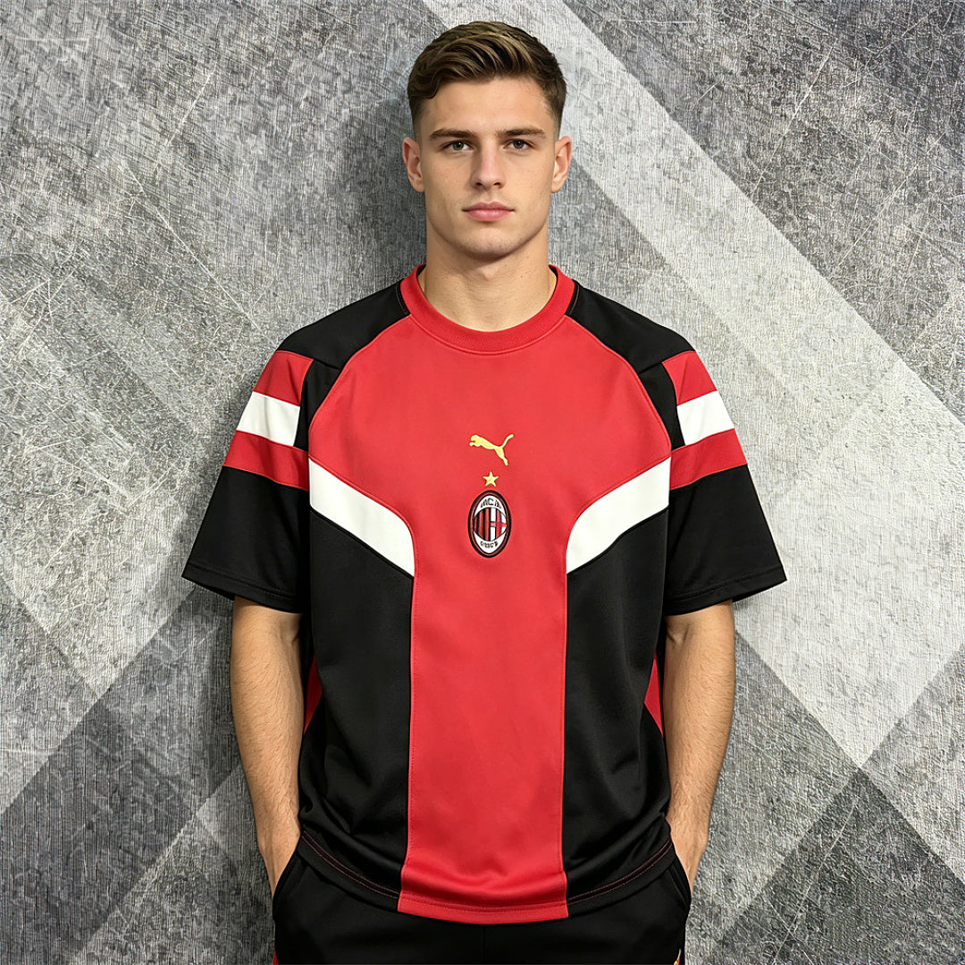 AC Milan Red Black Colour Block Oversized T-Shirt - front model view