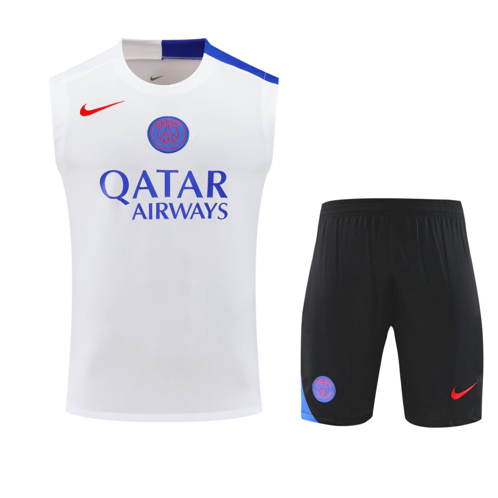 [stock] Paris Saint-Germain White Sleeveless Training Top & Black Shorts - Qatar Airways