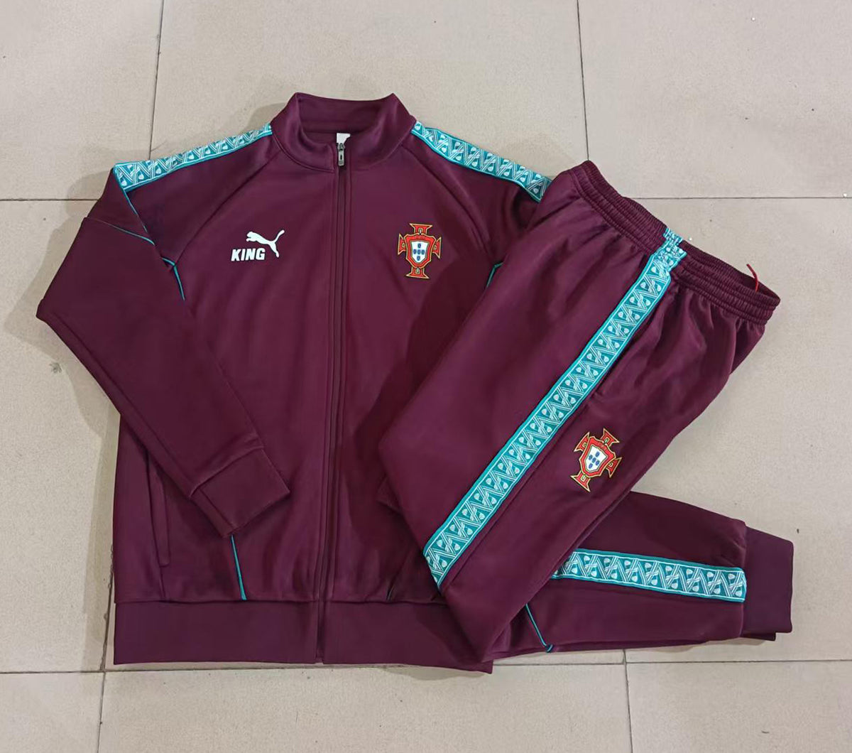 2026/27 Portugal Full-Zip Training Suit – Burgundy/Turquoise - full set real photo