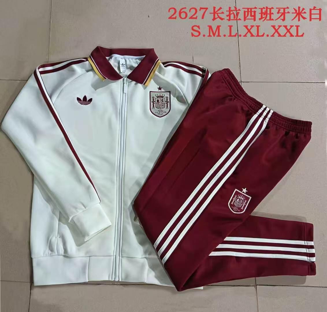 2026/27 Spain Full-Zip Training Suit – Off-White/Burgundy - full set real photo
